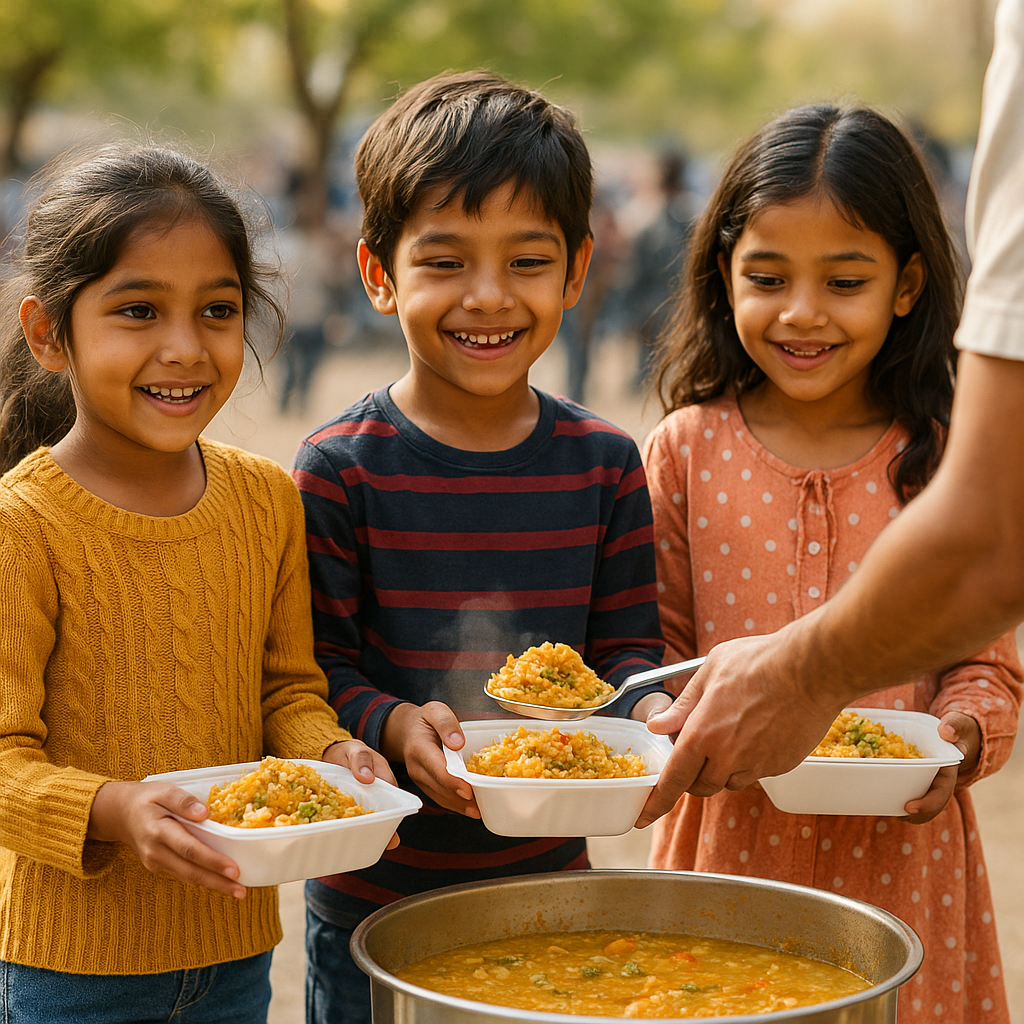 Volunteers serving food to beneficiaries in an organised line